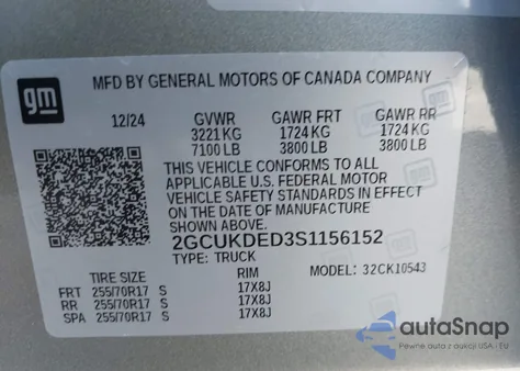 2025 Chevrolet Silverado K1500 Lt из США, поврежденный, VIN 2GCUKDED3S1156152